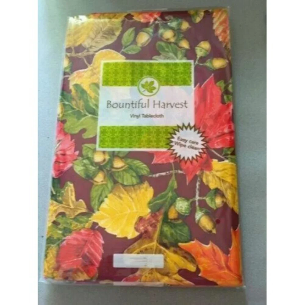 Fall Leaves Leaf Vinyl Tablecloth Acorns Thanksgiving Holiday Flannel Back 52x90